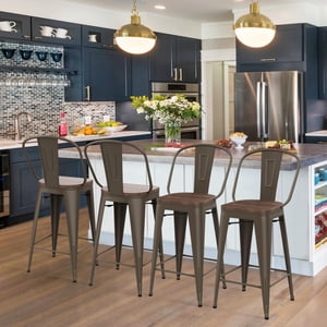 HAOBO Home 24" High Back Barstools Metal Stool with Wooden Seat [Set of 4] Counter Height Bar Stools, Bronze