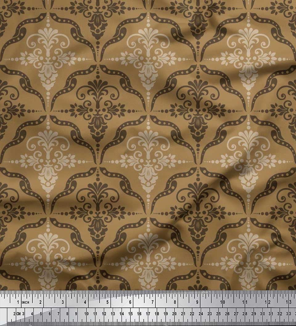 Soimoi Silk Fabric Filigree Damask Print Fabric by the Yard 42 Inch Wide