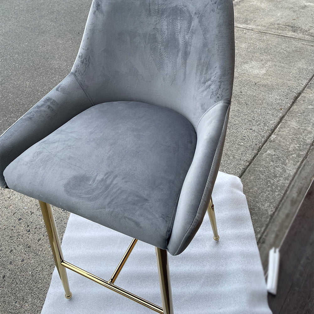 Heavenly Collection Ensemble de 3 Tabourets de Comptoir Modernes en Velours Gris - Tabourets Rembourrés Mid-Century avec Pieds Dorés - Idéal pour Îlots de Cuisine