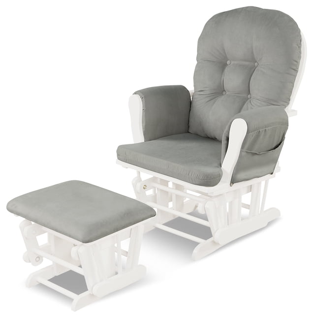 Costway Glider and Ottoman Cushion Set Wood Baby Nursery Rocking Chair in grey, designed for nursery furniture. Features a sturdy rubber wood frame with smooth ball-bearing gliding motion, padded high backrest, armrests, and a matching ottoman for footrest use only. Upholstered in soft, breathable microfiber fabric with detachable cushion covers for easy cleaning.