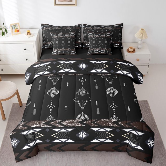 Erosebridal Tribal Aztec Bed in a Bag King size, Sheep Skull Bed Set, Triangle Geometric Decor, Reversible 7pcs