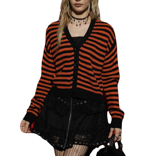 Gupgi Cardigan Rayé pour Femmes Pull Slim Manches Longues Col en V Fermeture à Boutons Veste Décontractée Automne