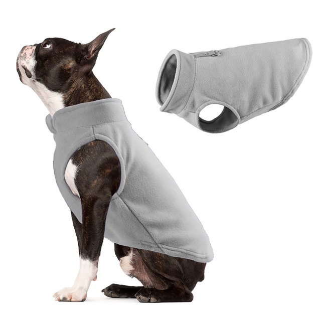 TIMIFIS Dog Clothes Pet Clothes Dog Clothes Thick Solid Color Fleece For Pet Dogs, shown in a light grey fleece material. The image features a small dog wearing the sleeveless fleece sweater with a high collar, designed for small and medium-sized dogs. The sweater is tailored for comfort and warmth, suitable for fall, winter, or spring. A close-up of the sweater is also displayed, highlighting its soft texture and precise stitching.