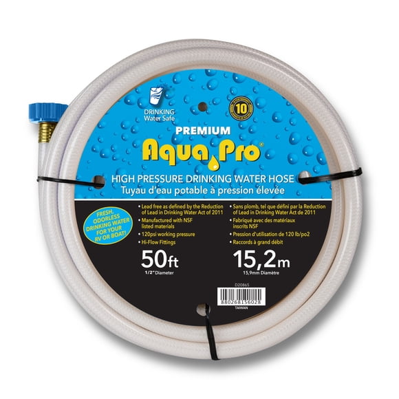 Aqua Pro Fresh Water Hose W20865 Not Heated; 1/2 Inch Diameter; 50 Foot Length; FDA Sanctioned Material; Lead Free; With Twist-Tite Hose Gripper