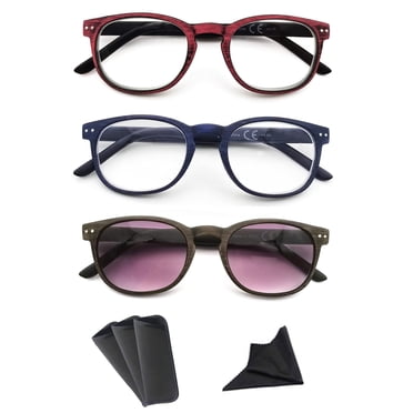 HAPJOYS Reading Glasses Men Women Wood Grain Pattern Readers +4.0 With Sunglasses Readers 3 Pack