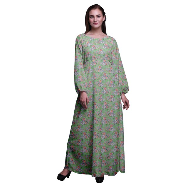 Bimba Robe Maxi à Manches Longues pour Femmes en Georgette Mousse avec Imprimé Floral d'Anémone et de Lavande Bleue, Taille Élastique - Petit