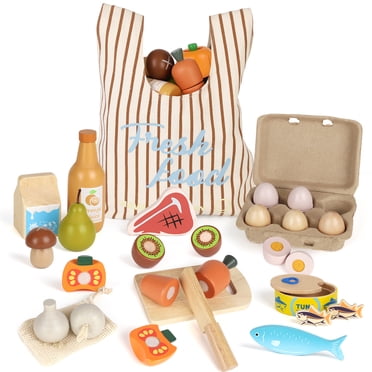 Ensembles d'Aliments de Jeu en Bois pour Cuisine d'Enfants, Jouets Alimentaires pour Tout-Petits de 3+ Ans, avec Sac de Magasinage, Cuisine de Jeu d'Aliments Factices Jouets pour Couper des Fruits et des Légumes, Cadeau pour Garçons et Filles Jouets Éducatifs