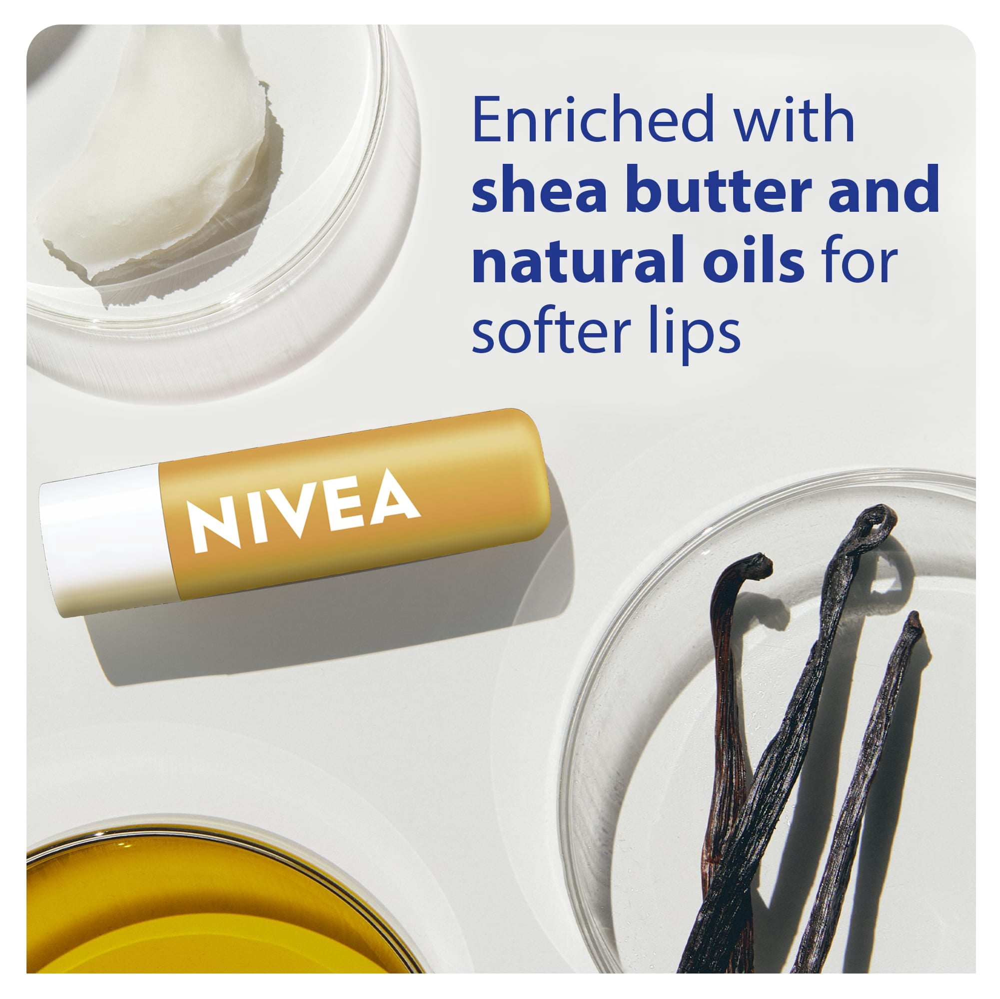 Baume à lèvres crème à la vanille de NIVEA, hydratation 24 heures, enrichi en beurre de karité et huiles naturelles, parfum vanille, (2 x 4,8 g)