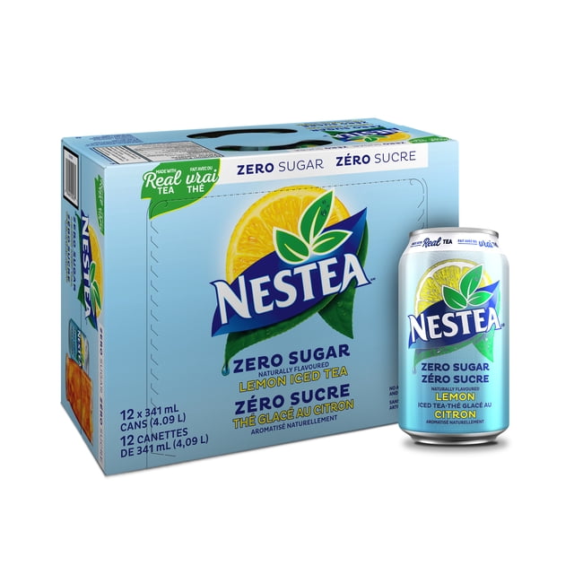Nestea Zero Sugar Lemon Iced Tea 12-pack of 341 ml cans, naturally flavoured and brewed with real tea, featuring recyclable packaging and bilingual English-French text on a light blue background, suitable for sharing and refreshing hydration.