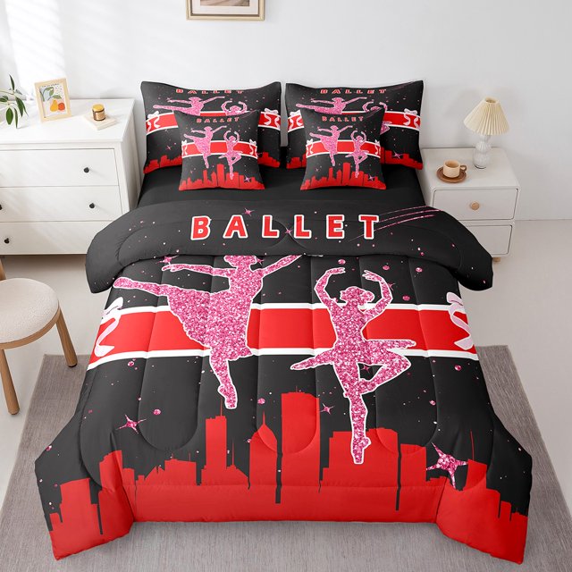 YST Graceful Princess Ballet Comforter Set, 7-Piece, Dance Theme, Full, Black Red