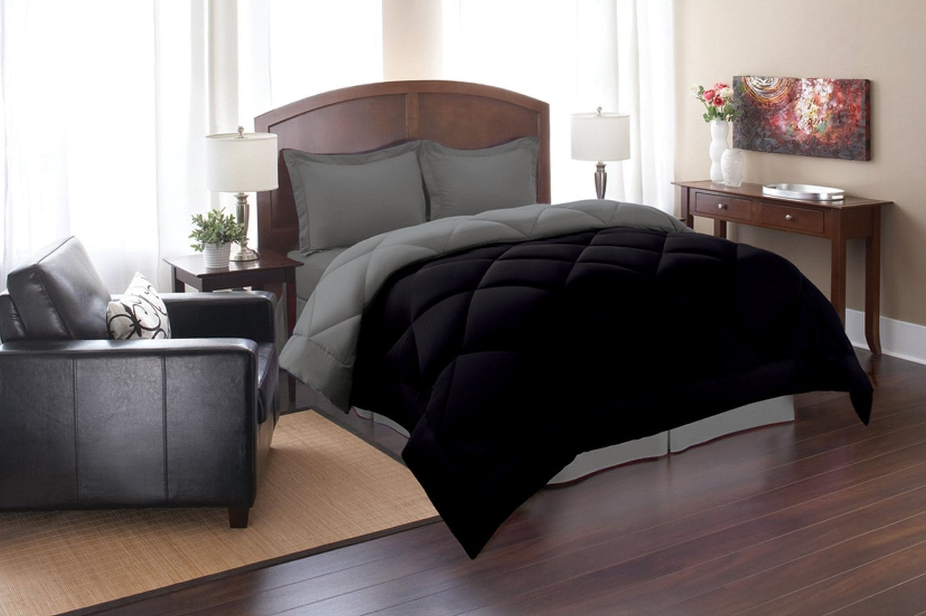 Elegant Comfort All Season Goose Down Alternative Reversible 2-Piece Comforter Set- Available in and Colors, Twin/Twin XL, Black/Gray