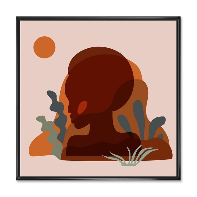 Designart Minimal Silhouette Of Afro American Woman FLOAT FRAME WALL ART depicting a side profile silhouette of an African American woman in layered brown and orange abstract shapes with stylized plants and a sun on a beige background, printed on premium cotton canvas and gallery-wrapped in a black floating frame, ready to hang.