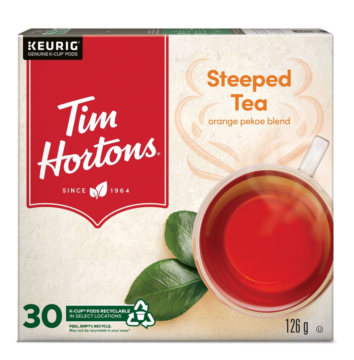 Tim Hortons Orange Pekoe Steeped Tea K-Cup Pods, Single-Serve K-Cups, Compatible with Keurig Coffee Makers, Crisp Black Tea, 30 Count