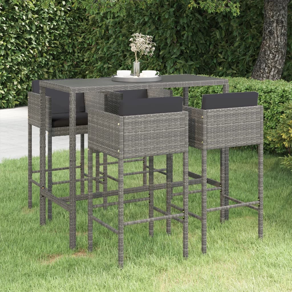 vidaXL 5 Piece Garden Bar Set with Cushions Poly Rattan Grey