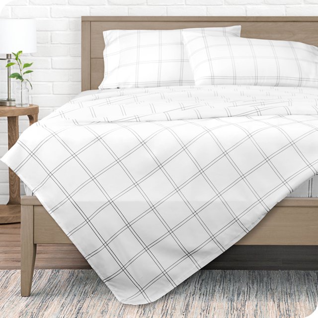 Bare Home Ultra-Soft Sheet Set - Premium 1800 Collection - Deep Pockets - 3-Pieces - Twin, Modern Plaid - White/Gray