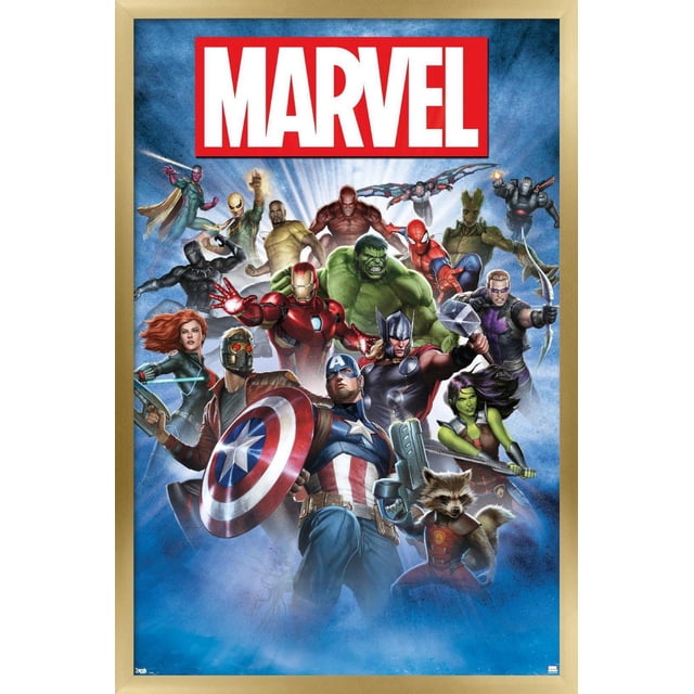 Marvel Comics - Affiche Murale Photo de Groupe, 22,375 Pouces x 34 Pouces Mettant en Vedette une Impression Lustrée de Superhéros Marvel, Dont Captain America avec Bouclier, Iron Man en Armure Rouge, Hulk, Thor avec Marteau, Spider-Man, Panthère Noire, Raton Laveur Fusée, Groot, Hawkeye avec Nœud, Gamora avec Épée, Star-Lord, Black Widow et War Machine, Arrangée de Façon Dynamique sur un Fond Bleu sous un Grand logo Marvel Rouge et Blanc,