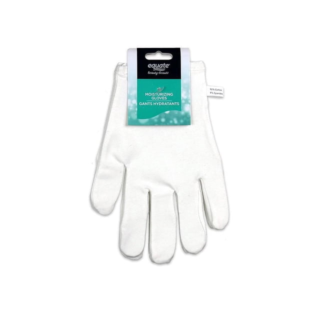 EQUATE BEAUTY GLOVES white moisturizing gloves made of 92% cotton and 8% spandex, displayed flat with packaging label, ideal for hand care and moisturizing treatments, suitable for adult use.