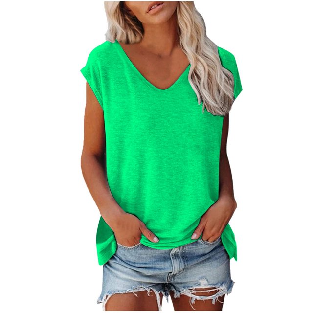 LUOGENLI T-shirts pour Femme pour Femmes T-shirts d'Été pour Femmes Mode Décontractée Col en V Décolleté Plongeant Ultra Manches Courtes Couleur Unie Imprimé T-Shirt Ample Haut T-shirts pour Femmes T-Shirt Graphique Saint-Valentin Vert Menthe TG
