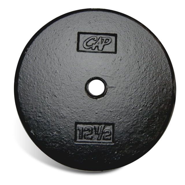 CAP Barbell 1-Inch Cast Iron Weight Plate, Black, Single, 12.5 lb, front view showing a round cast iron plate with a textured black baked enamel finish, machined 1-inch center hole, and embossed CAP logo and weight markings, ideal for strength training with standard 1-inch bars.