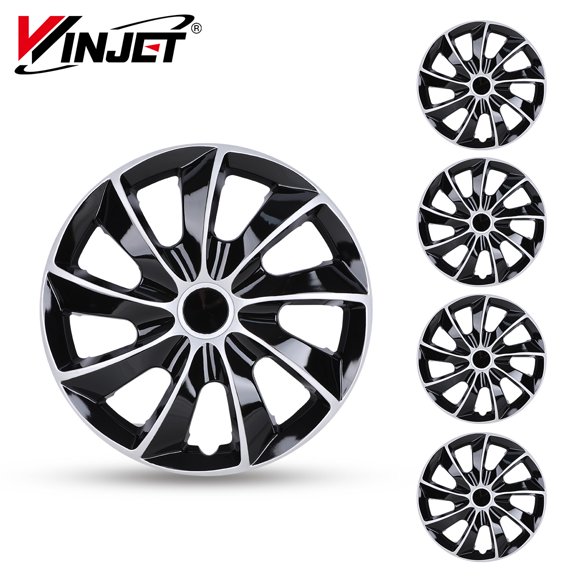 Ensemble de 4, Enjoliveurs de Jantes de 16 Pouces Universal, Enjoliveurs à Clipser pour Voiture, Camion, VUS, Laque Argentée et Laque Noire