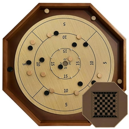 Jeu de Société de Crokinole de Tournoi de 30 Pouces, 2 en 1 Crokinole et Dames avec Surface de Jeu de 26?, Chevilles en Métal, Jeu de Société de Table Octogonal en Bois Canadien Krokinole pour Familles et Amis