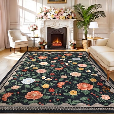 Garvee 9'x12' Vintage Floral Area Rug Living Room Rug, Washable Boho Rugs Non Slip Soft Low Pile Farmhouse Rug Indoor Floor Carpet for Bedroom Dining Room Home Office, Black