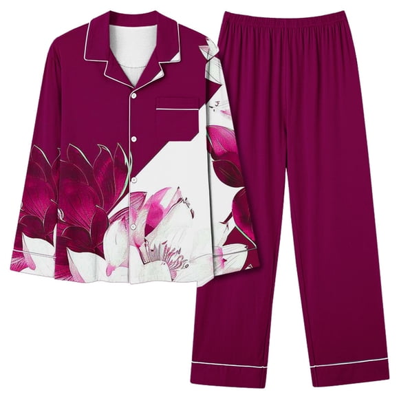 GDREDA Holiday Pajamas Women's Matching Set Autumn Winter Prints Pajamas Long Pants Sleepwear Sets Soft Comfy Night Wear V Neck Loungewear Two Piece Pajama Wear Women Pajama Sets pyjamas Hot Pink,S