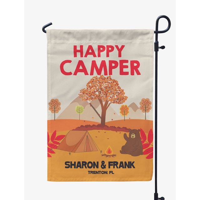 Printtoo Multicolore Joyeux Campeur Terrain de Camping Drapeaux de Camping pour Campeurs Personnalisés Double Face Drapeau Décor Extérieur Panneau Drapeau de Terrain de Camping