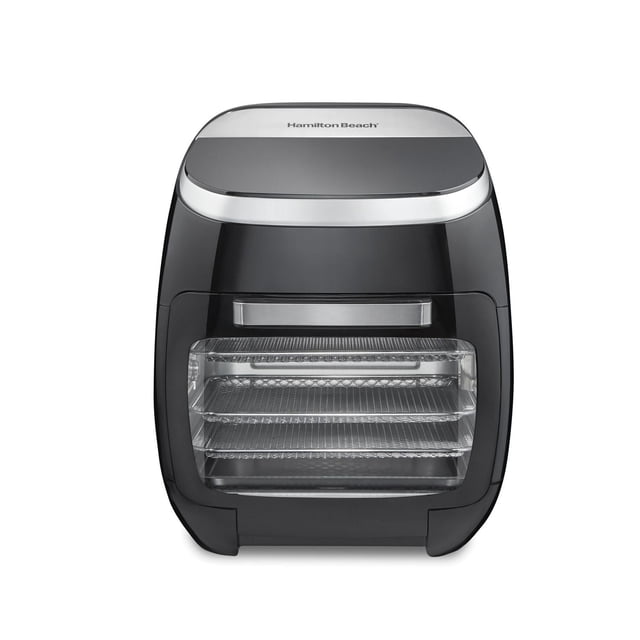 Hamilton Beach Four Friteuse à Air Chaud Numérique avec Rôtissoire, Capacité de 11,6 qt, Fini Noir, Vue de devant Montrant Trois Tablettes en Treillis à l'Intérieur d'Une Porte Transparente avec Poignée en Acier Inoxydable, Appareil de Comptoir Polyvalent Combinant Friteuse à Air, Four Grille-Pain, Rôtissoire et Fonctions de Déshydrateur, Idéal pour Préparer un Grand Éventail de Repas.