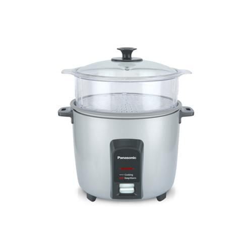 Panasonic SRY22FGJL 12 Cup Rice Cooker/Steamer with silver metal body, black control switch, and clear glass lid with black handle, featuring a food-grade steaming basket and non-stick inner pan for even cooking and easy cleanup, plus a keep warm function for up to 5 hours.