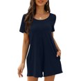 thumbnail image 1 of LOVZFMLL Combinaison une Pièce à Manches Courtes pour Femme, Couleur Unie, Col Rond, Taille Cintrée, Dos Nu, Bleu Foncé, TTG, 1 of 8