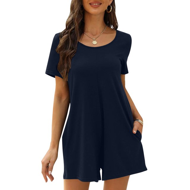 LOVZFMLL Combinaison une Pièce à Manches Courtes pour Femme, Couleur Unie, Col Rond, Taille Cintrée, Dos Nu, Bleu Foncé, TTG
