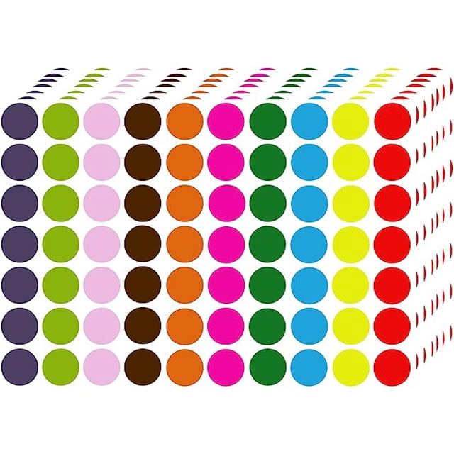 Blesstur 1050 PCS Colored Dot Stickers featuring multi-color round labels in shades like black, blue, orange, pink, white, yellow, red, green, and brown. Each sticker measures 0.75 inches in diameter, with 70 labels per sheet and 15 sheets in total. Perfect for arts and crafts, scrapbooking, color coding, classroom organization, and envelope sealing.