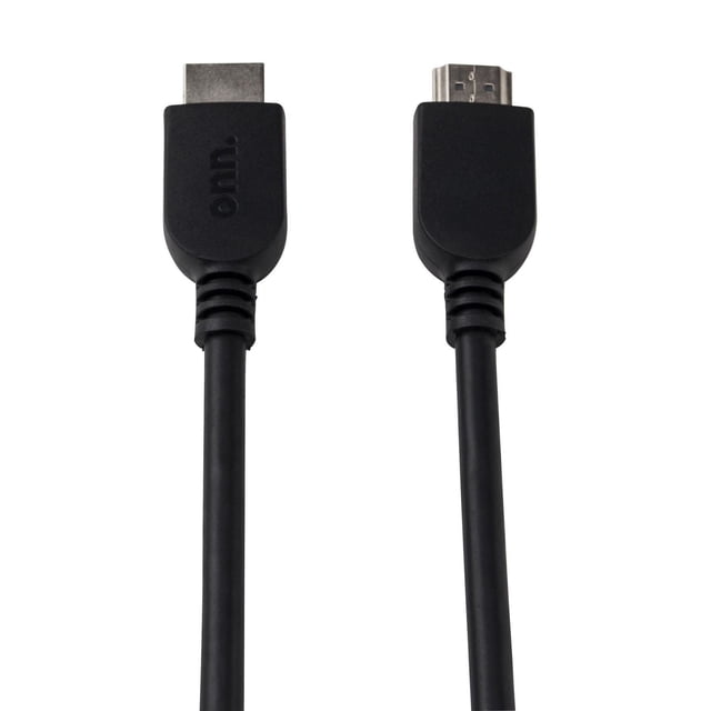 onn. 4 ft./1.2 m 4K Optimized HDMI Cable in black with male connectors and embossed onn. logo, designed for high bandwidth 4K HDR devices including HDTVs, Blu-Ray players, and streaming boxes, also suitable for gaming consoles.