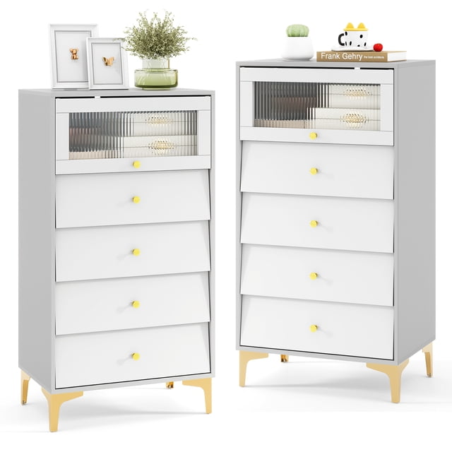 Gymax 2 Pcs Commode à 4 Tiroirs 44,5 Pieds' de Hauteur Commode Commode avec Porte en Verre Cannelé Relevable
