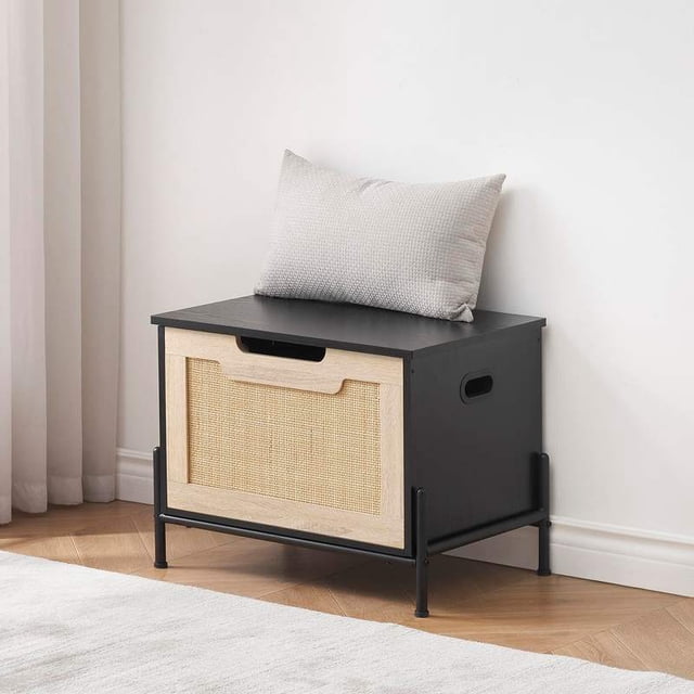 Ourlova Banc de Rangement en Rotin Banc d'Entrée avec Coussin de Siège pour Entrée, Salon, Chambre, Noir