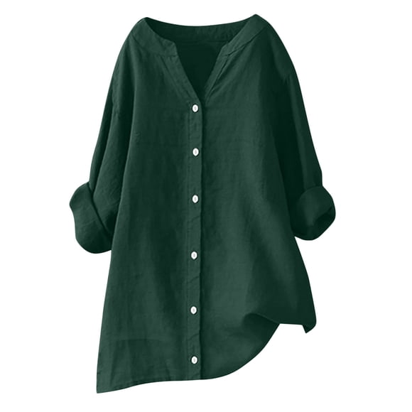 Bwiyojiz Fashion Clothing Sizes S-X5 60%Cotton,40%Linen Women Tops Women's V-Neck Long Sleeve Loose Button and Linen Tunic Summer Blouse, Gifts for Yourelf, Green, L