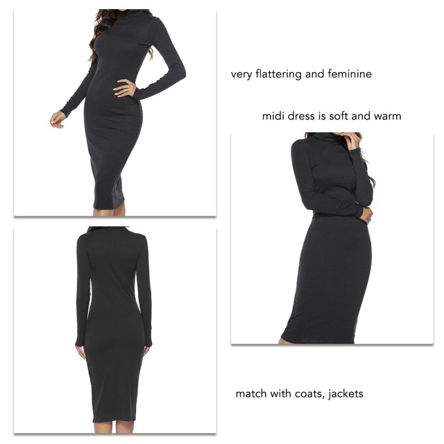 Hiver Col Roulé Tricot Pull Robe Femmes Col Roulé Côtelé à Manches Longues Tricot Pull Robe Base Solide Couleur Élastique Slim Fitting Doux Chaud pour Fête Date Noir S