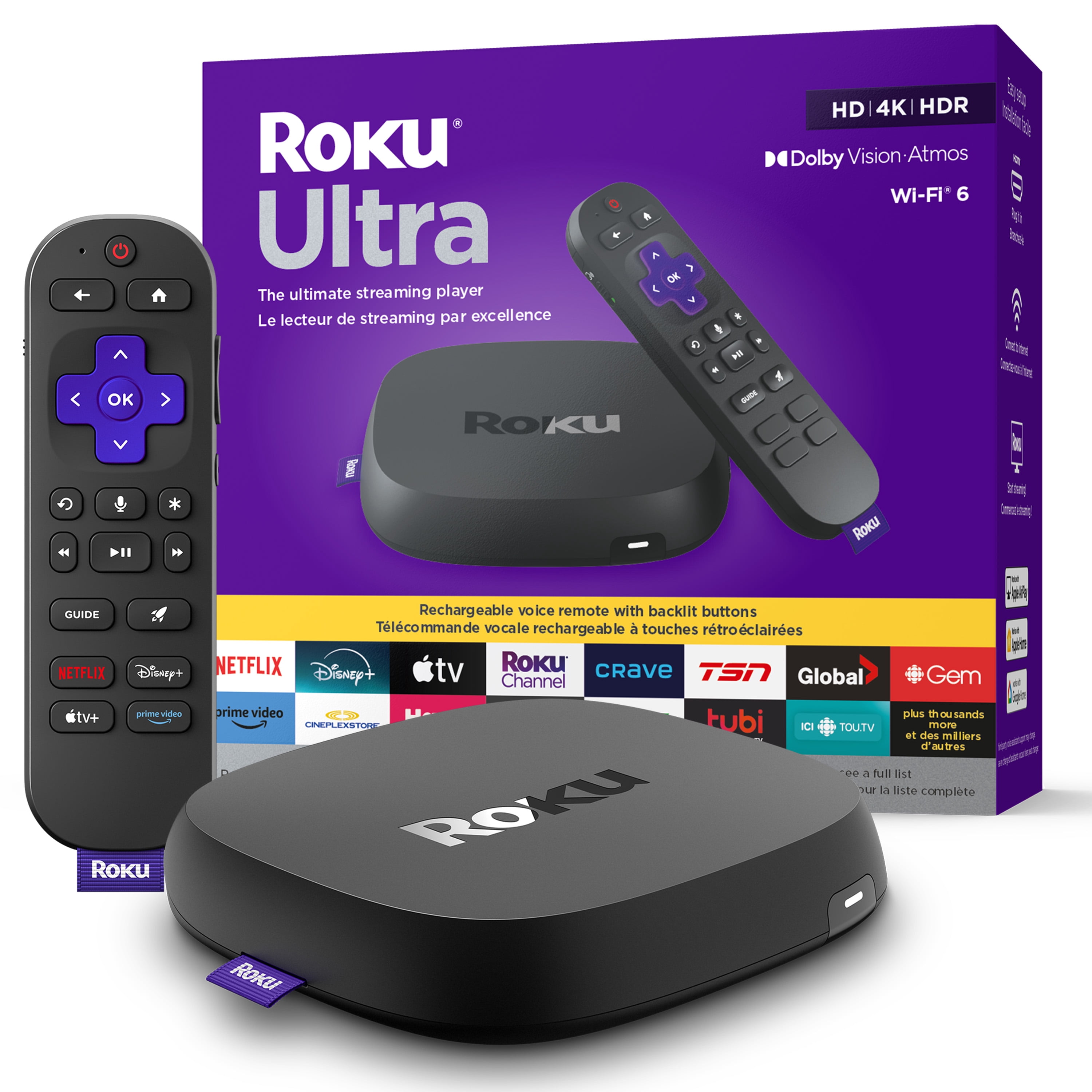Roku Ultra 2024 | Le lecteur de streaming ultime - Dispositif de streaming 4K avec HDR10+, Dolby Vision et Atmos - Bluetooth et Wi-Fi 6 - Télécommande vocale rechargeable Pro avec boutons rétroéclairés - TV gratuite et en direct
