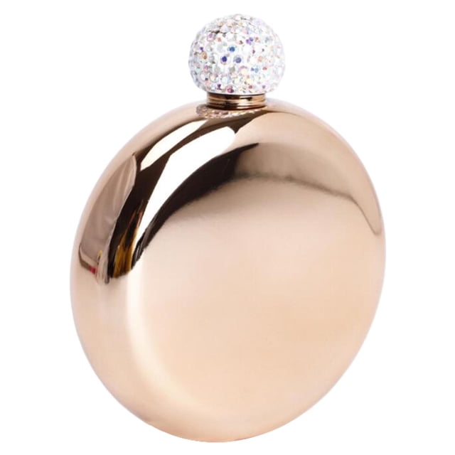 Portable Pocket Hip Leakproof Round Stainless Steel Bottle in rose gold with a smooth, polished finish and a rhinestone-encrusted screw top. Made of durable stainless steel, measuring 9x11x2.6cm, suitable for traveling, camping, weddings, and more.