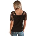 thumbnail image 3 of DYMADE Women Deep V Neck Lace Patchword Short Sleeve Tunic Top, 3 of 4