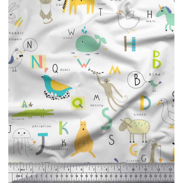Soimoi Poly Georgette Fabric Alphabets,Birds & Animals Kids Fabric Prints By Yard 52 Inch Wide