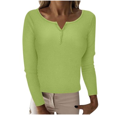 Rbaofujie Chandail pour Femmes Col en V à Boutons Chandail Tricoté à Manches Longues Chandail de Base Chemise Hauts Blouse Chandails Verts pour Femmes
