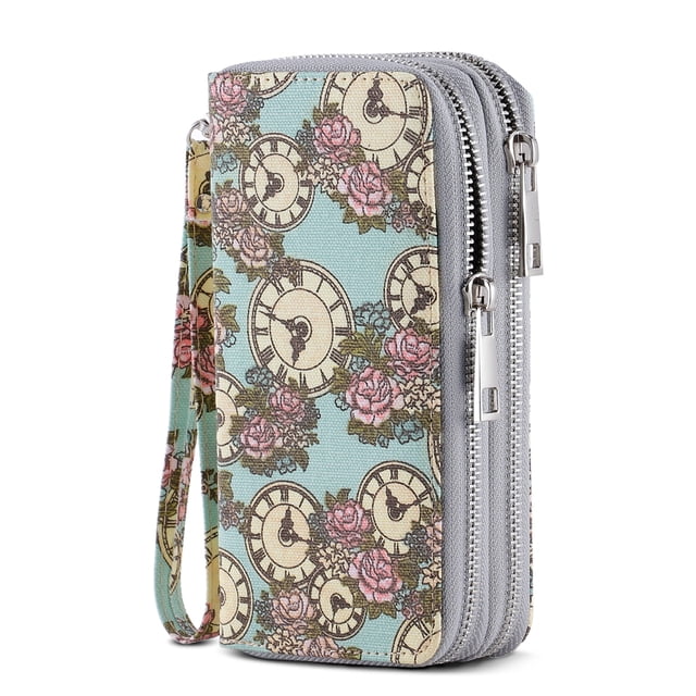 Womens Double Zipper Wallet Clutch Purse Cellphone Long Wallet with Removable Wristlet