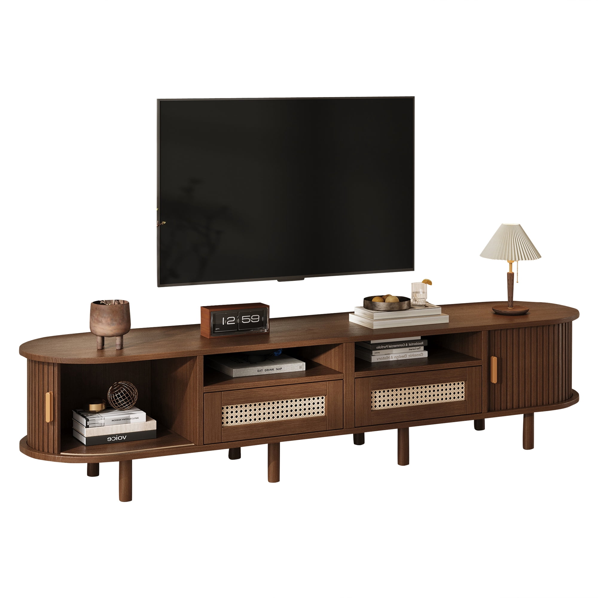 Meuble TV maison Noble 64.9" avec 2 tiroirs en rotin et 2 portes coulissantes, buffet ovale arrondi pour TV 65", noyer
