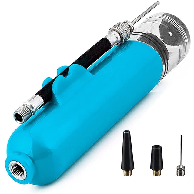 Ball Pump, Basketball Pump, Football Pump, Ball Air Pump, Volleyball Pump, Yoga Ball Pump, Inflatable Hand Pump, Sports Ball Pump, Mini Ball Pump-Easy To Carry, Fast Inflation. A compact blue hand pump with a flexible black hose attached to the side for easy storage. Includes three interchangeable nozzles for inflating basketballs, footballs, volleyballs, yoga balls, and other inflatables. Designed for fast inflation with double-action functionality and a lightweight, portable design.