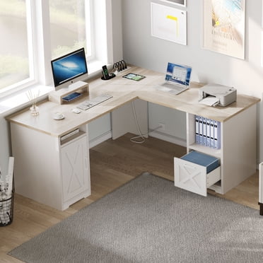 DEXTRUS 59" L-Shaped Computer Desk with Drawers, Power Outlet & USB Ports, Large Office Desk with Drawers & File Cabinets, 2 Person Corner Desk Writing Desk with Storage Shelves, Oak & White