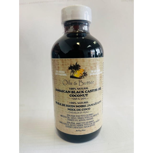 JAMAICAN BLACK CASTOR COCONUT oil by Oils & Butter in a 118 ml dark glass bottle with white cap, 100% natural vegan formula for hair and skin, featuring black castor oil and coconut blend with bilingual English and French label and palm tree logo.