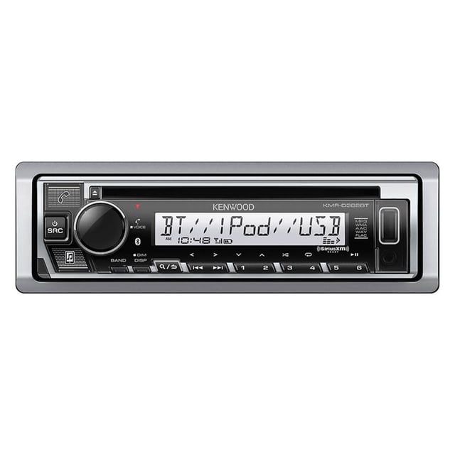 Kenwood KMR-D382BT Marine CD-Receiver with Bluetooth & Conformal Coating, featuring a glare-resistant 1.5-line display with white background and variable color illumination. The receiver supports CDs, CD-Rs, CD-RWs, high-resolution FLAC files via USB, and Bluetooth streaming. Designed for marine use, it includes a conformal coating to protect against moisture and salt. The front panel displays controls for source selection, volume, and playback, with a USB port and aux input for connectivity.