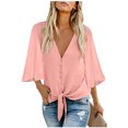 thumbnail image 1 of Women's V Neck Tops Ruffle 3/4 Sleeve Tie Knot Blouses Button Down Shirts - PINK, 1 of 2